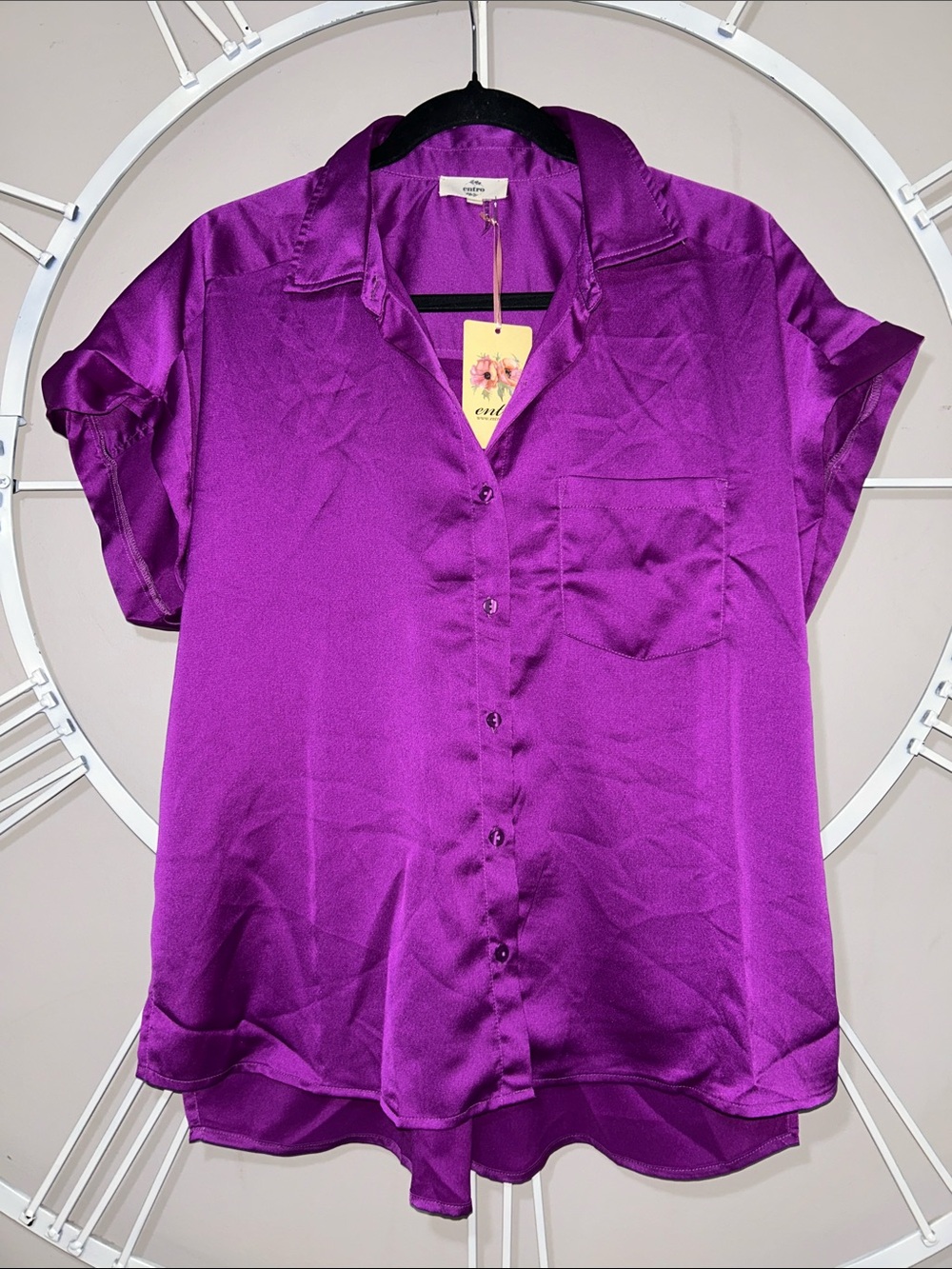 NWT entro Purple Satin Short-Sleeve Button-Down Blouse